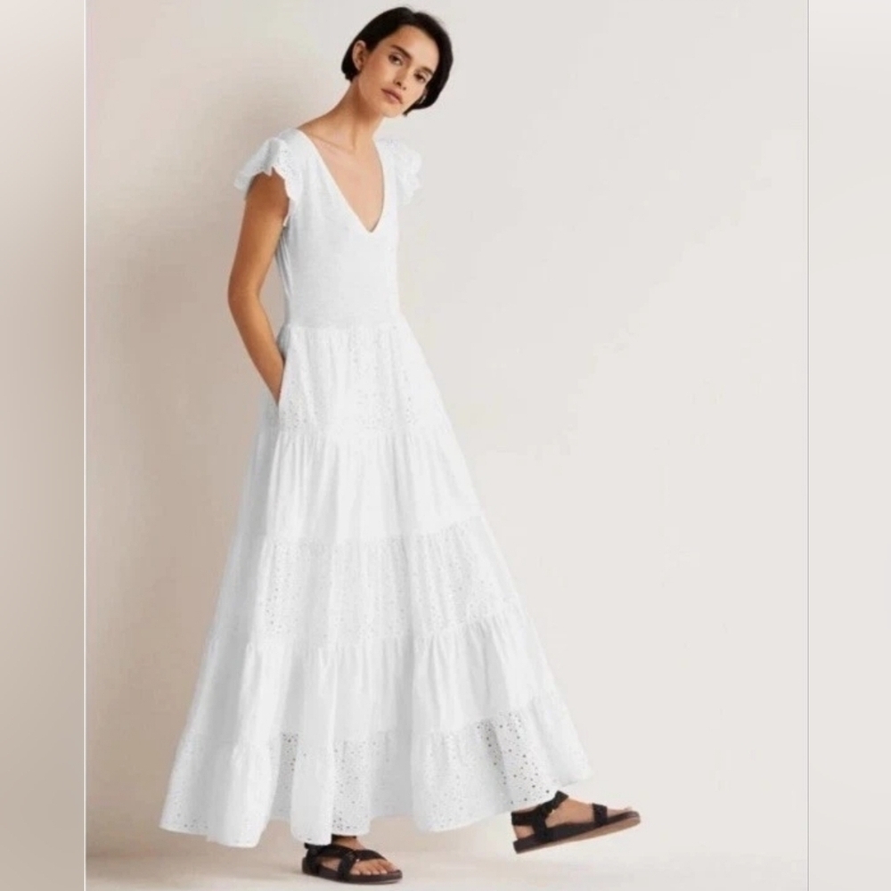 BODEN Broderie Mix Jersey Maxi Dress US 14 White Tiered Frill Sleeve V-Neck